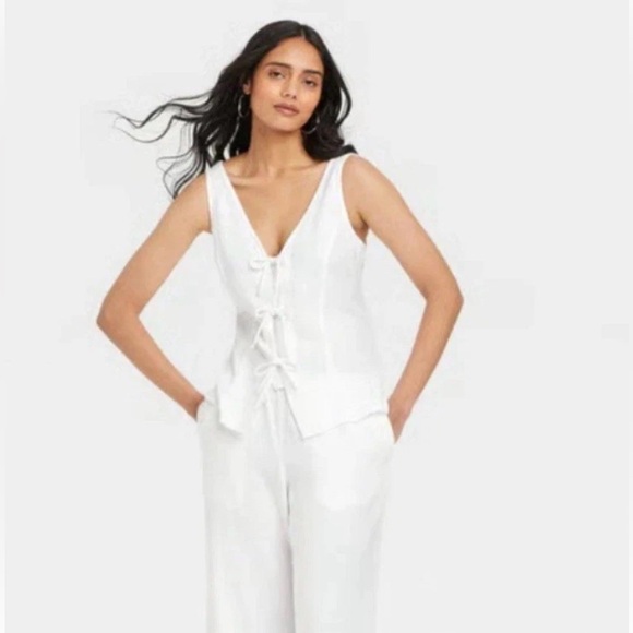a new day White Linen Tie-Front V-Neck Tank Top size M Summer Spring - Picture 3 of 3